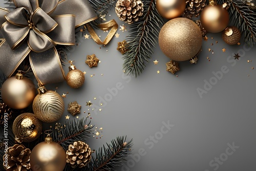 Golden Christmas ornaments and decorations on grey background and copy space. Fir tree branches. modern luxury design, for invitation cards. banners, ticket, discount, certificate photo