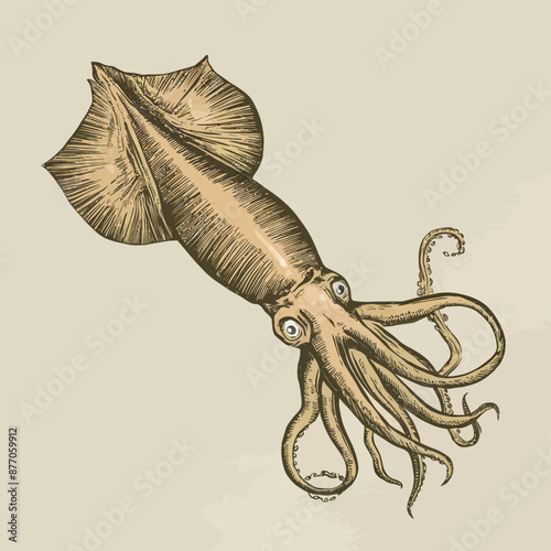 Hand-drawn image of a large squid on a light background. Retro picture for the menu of fish restaurants, markets, and shops. Vector illustration in vintage engraving style.