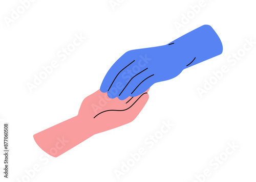Two hands, reaching for help, support. Bonding gesture, stretching out to touch, take care. Outstretched palm. Partners trust, connection. Flat vector illustration isolated on white background