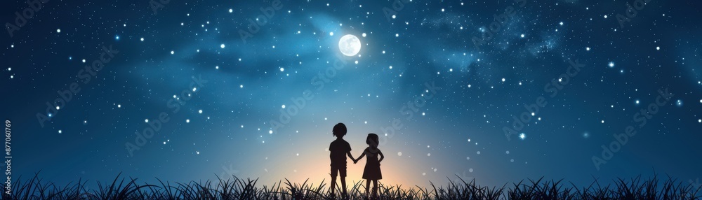 Obraz premium Children silhouette holding hands under a starry night sky with a full moon, creating a magical and dreamy atmosphere.