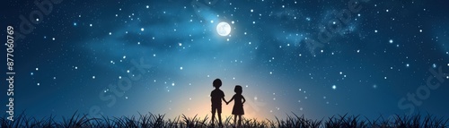 Children silhouette holding hands under a starry night sky with a full moon, creating a magical and dreamy atmosphere.