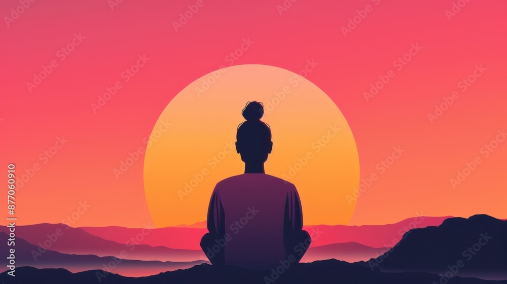 A person meditating against a vibrant sunset, reflecting peace and tranquility in a serene natural landscape setting. A person meditating against a vibrant sunset, reflecting peace and tranquility in a serene natural landscape setting.