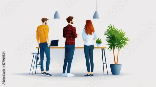 Three people standing around a high table discussing while working in a modern office setting with a minimalist design.