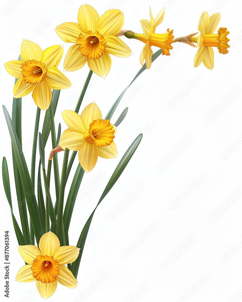 A cluster of bright yellow daffodils with green leaves on a white background. A cluster of bright yellow daffodils with green leaves on a white background.