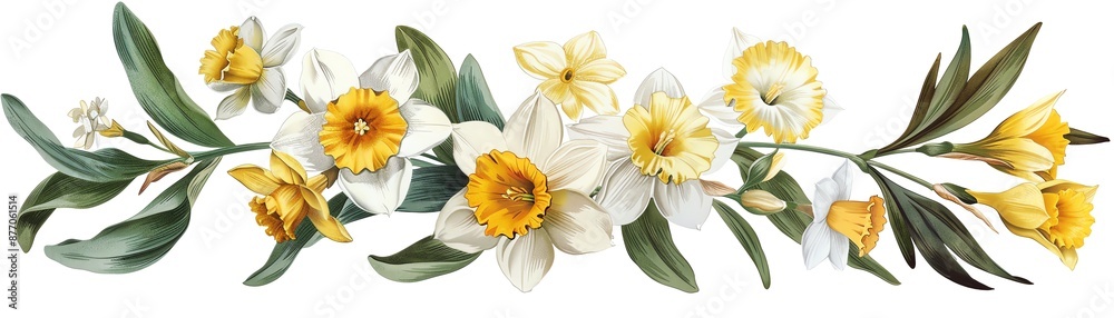 Obraz premium Delicate yellow flowers with white petals and green leaves.