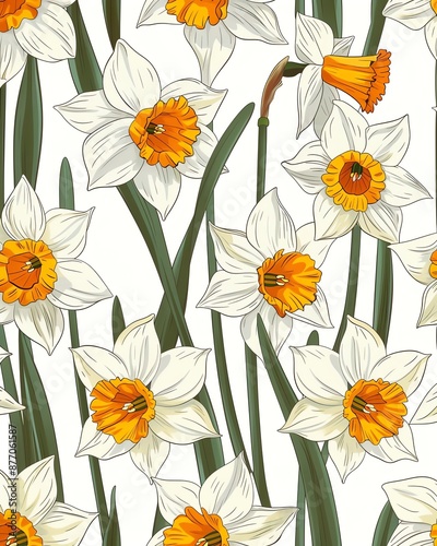 White and yellow daffodils bloom in a vibrant floral pattern, perfect for spring and Easter themes.