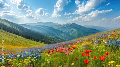 Idyllic mountain landscape with blooming meadows in summer springtime