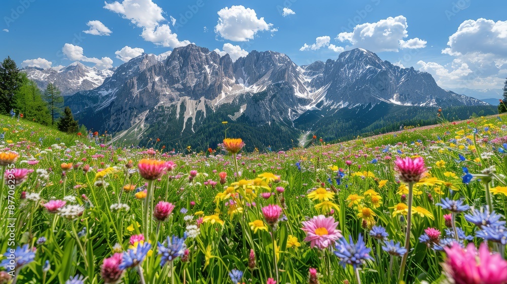 Idyllic mountain landscape with blooming meadows in summer springtime Idyllic mountain landscape with blooming meadows in summer springtime