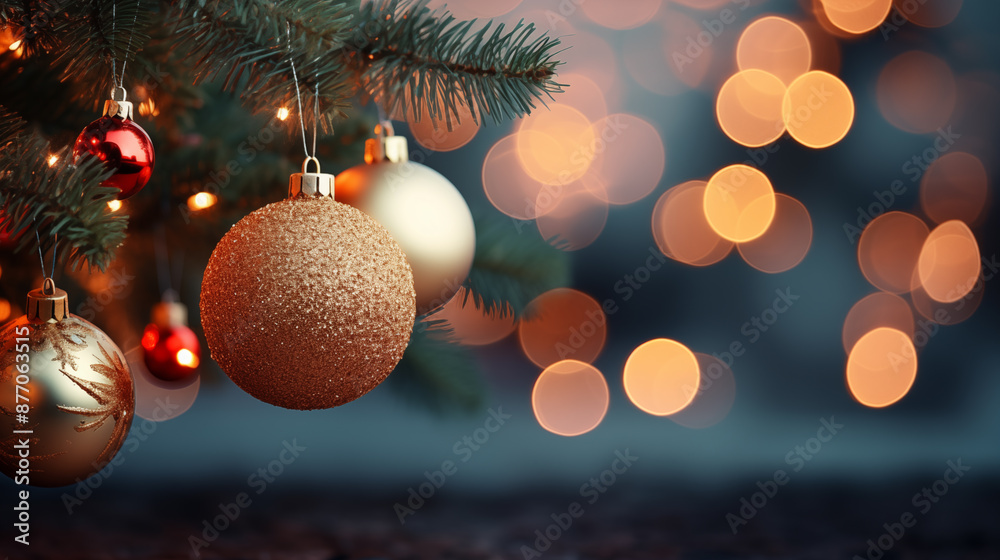 Fototapeta premium Christmas tree with different balls and decorations on the street. Concept of Christmas holidays and a New Year