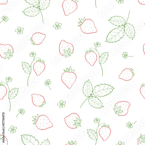 Seamless strawberry pattern with leaves. Vector background with summer sweet strawberries.