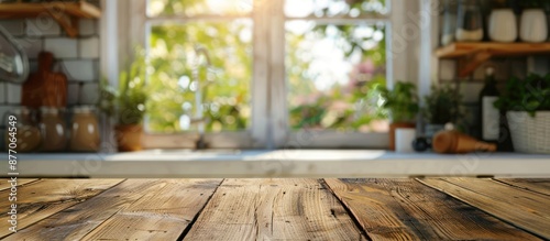Empty rustic wooden table in a sunny kitchen with garden view, perfect for product placement. Background concept for food, cooking, and home. © pector