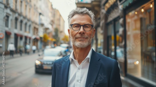 Portrait of mature businessman standing on city street, in front of office building. Handsome man with glasses in suit generative ai