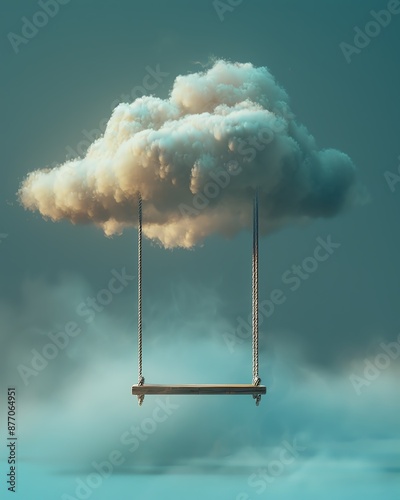 A wooden swing hangs from a fluffy white cloud against a blue sky. The image evokes a sense of tranquility and wonder. photo