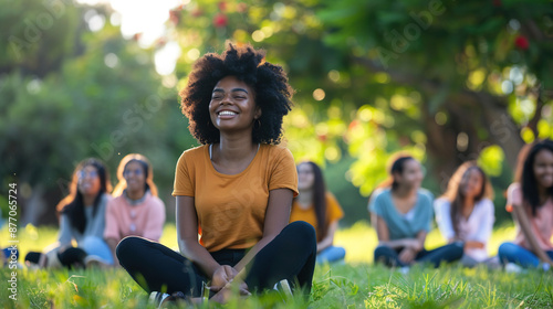 Group of young people sitting on the grass. African American man and woman around happy, psychological safety