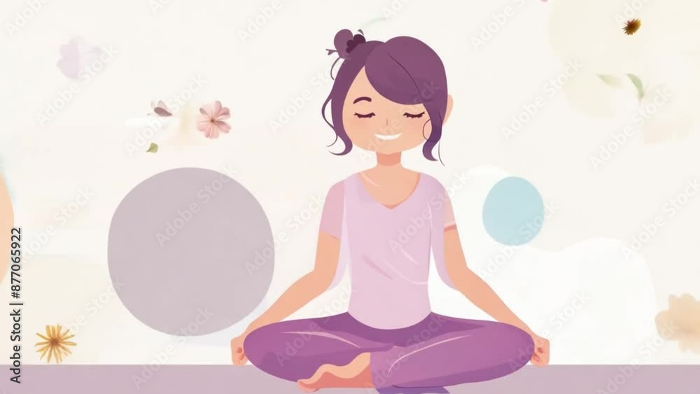 A woman with purple hair and a pink shirt sits in a meditation pose with her eyes closed. She is surrounded by a soft background of blue and pink circles. A woman with purple hair and a pink shirt sits in a meditation pose with her eyes closed. She is surrounded by a soft background of blue and pink circles.