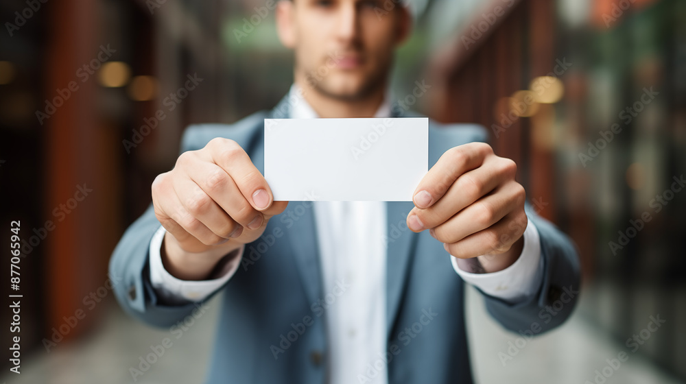Handsome man holds white card in the hand in front of himself, concept of offer the services Handsome man holds white card in the hand in front of himself, concept of offer the services