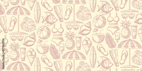 Monochrome minimalist seamless summer pattern, beach elements. Swimsuit, flip flops, flippers, fish, surfboard, umbrella, coconut cocktail, pineapple. For cover, wrapping paper, textile print