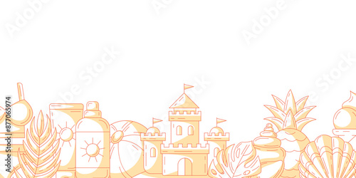 Summer minimalist horizontal banner, beach accessories monochrome orange elements. Bottom border frame, copy space. Holiday and vacation. For poster, flyer, card, invitation, social media, postcard