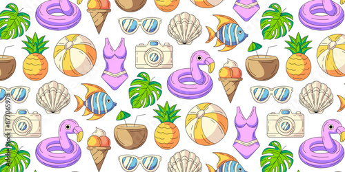 Colorful summer seamless pattern, beach elements, isolated on white. Swimsuit, pineapple, tropical leaves, seashell, glasses, fish, flamingo, coconut cocktail. For cover, wrapping paper, textile print