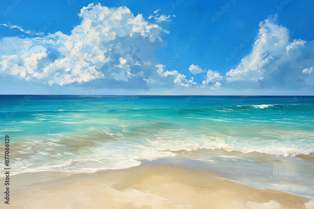 Serene and Inviting Beach Scene with Clear Blue Water and Fluffy Clouds Serene and Inviting Beach Scene with Clear Blue Water and Fluffy Clouds