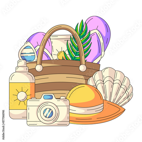 Sunscreen, sunglasses, flip flops in bag, camera, hat and seashell. Composition with summer vacation elements and holiday accessories.  Flat vector illustration for sticker, scrapbook, social media
