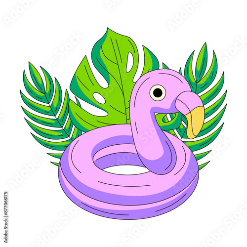 Inflatable swimming ring in the shape of a flamingo, tropical leaves, plumeria and monstera. Composition with summer vacation elements and accessories. Flat vector for sticker, scrapbook, social media