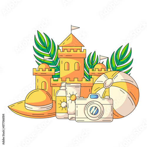 Sand castle, sunscreen, sun hat, camera, inflatable beach ball, tropical leaves. Composition with summer vacation elements and holiday accessories. Flat vector for sticker, scrapbook, social media