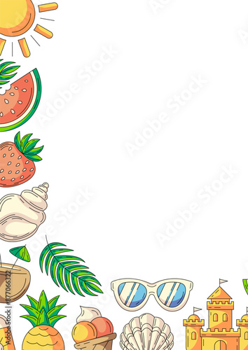 Summer colorful vertical a4 poster, beach elements and accessories icons. Corner border frame, copy space, isolated on white. For card, flyer, banner, invitation, social media, postcard