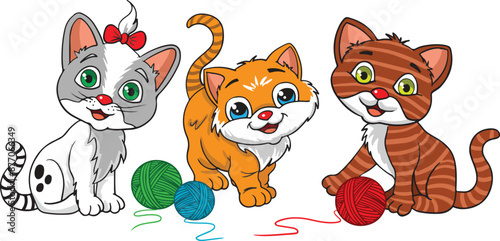 Three cute cats are playing with balls of rope.