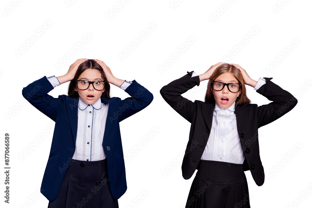 Portrait of frustrated beautiful kids touch head hands scream hear terrible novelty wear eyeglasses eyewear isolated over violet background Portrait of frustrated beautiful kids touch head hands scream hear terrible novelty wear eyeglasses eyewear isolated over violet background