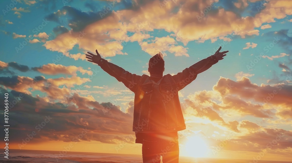 Man with raised arms welcomes stunning sunset over ocean, clouds in vibrant sky creating picturesque view, silhouette against light, scenic beauty, freedom and inspiration concept Man with raised arms welcomes stunning sunset over ocean, clouds in vibrant sky creating picturesque view, silhouette against light, scenic beauty, freedom and inspiration concept