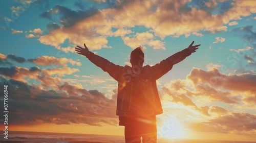 Man with raised arms welcomes stunning sunset over ocean, clouds in vibrant sky creating picturesque view, silhouette against light, scenic beauty, freedom and inspiration concept © Aksana