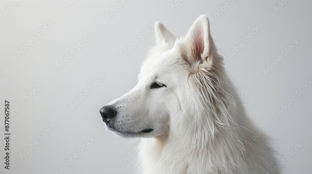 White Swiss Shepherd Dog Portrait Licking Its Nose on White Background White Swiss Shepherd Dog Portrait Licking Its Nose on White Background