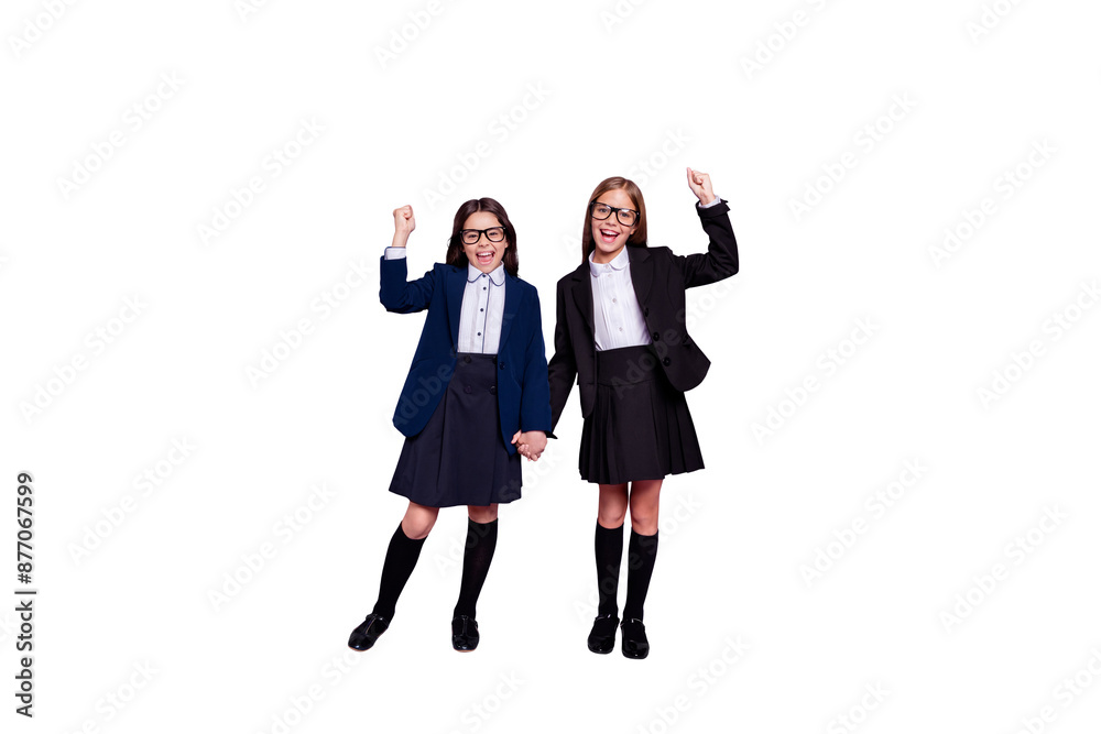 Full body photo of trendy stylish people raise fists scream yeah wear skirt long socks eyewear eyeglasses isolated over violet purple background Full body photo of trendy stylish people raise fists scream yeah wear skirt long socks eyewear eyeglasses isolated over violet purple background