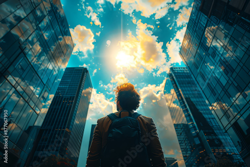 Young man with backpack standing in front of skyscrapers at sunset.