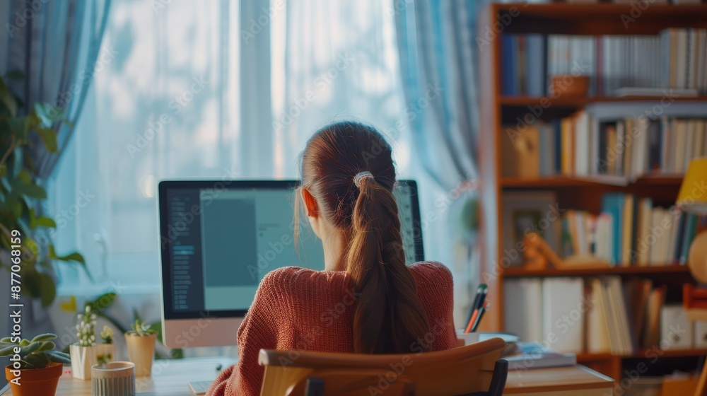 Teenage school girl college student distance learning virtual remote online lesson on video call with teacher or tutor studying at home. Elearning digital class on computer, over shoulder view