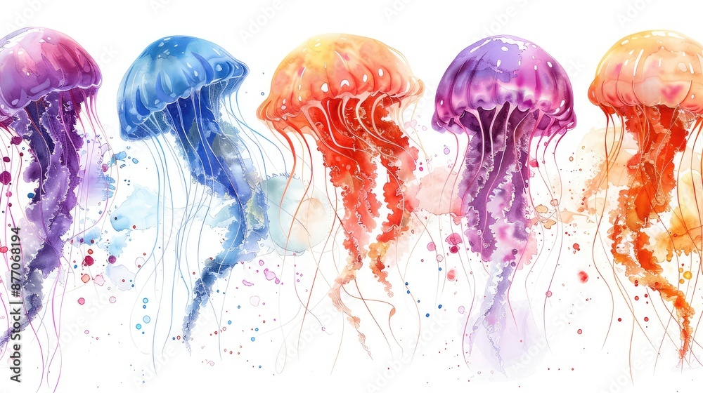 Fototapeta premium Watercolor Jellyfish Arrangement on White Background