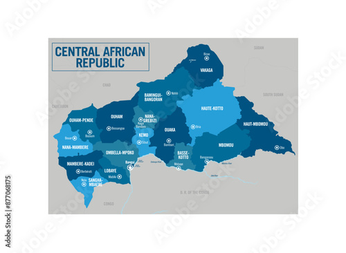 Central African Republic country political map. Africa. Detailed vector illustration with isolated states, regions, islands and cities easy to ungroup. 