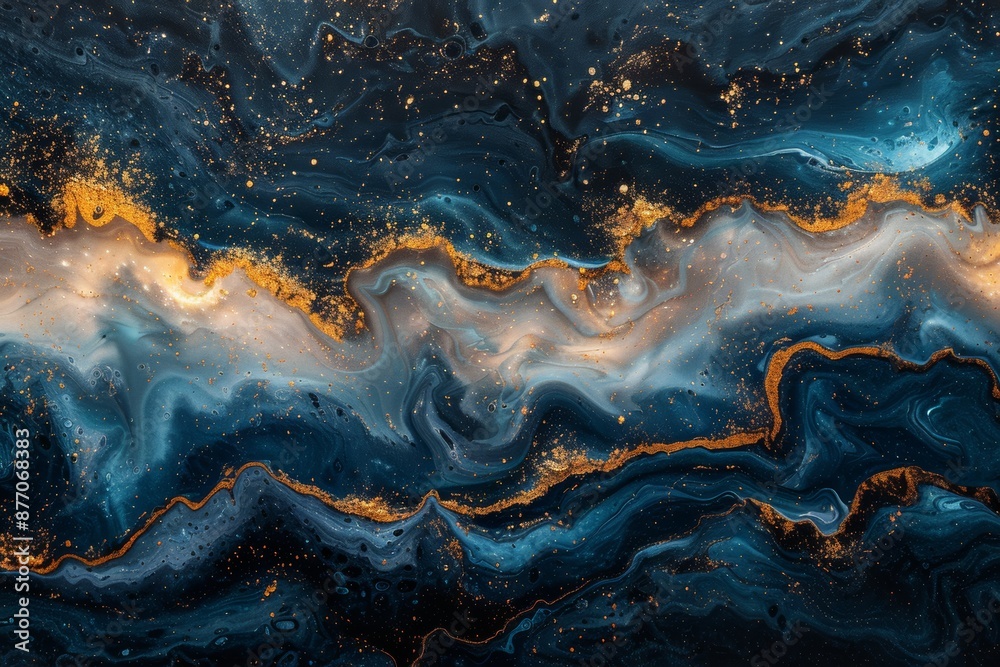 featuring a harmonious blend of dark and light blue with gold hues, complemented by mesmerizing white ink-like liquid fluid patterns, elegance of marble stone. featuring a harmonious blend of dark and light blue with gold hues, complemented by mesmerizing white ink-like liquid fluid patterns, elegance of marble stone.