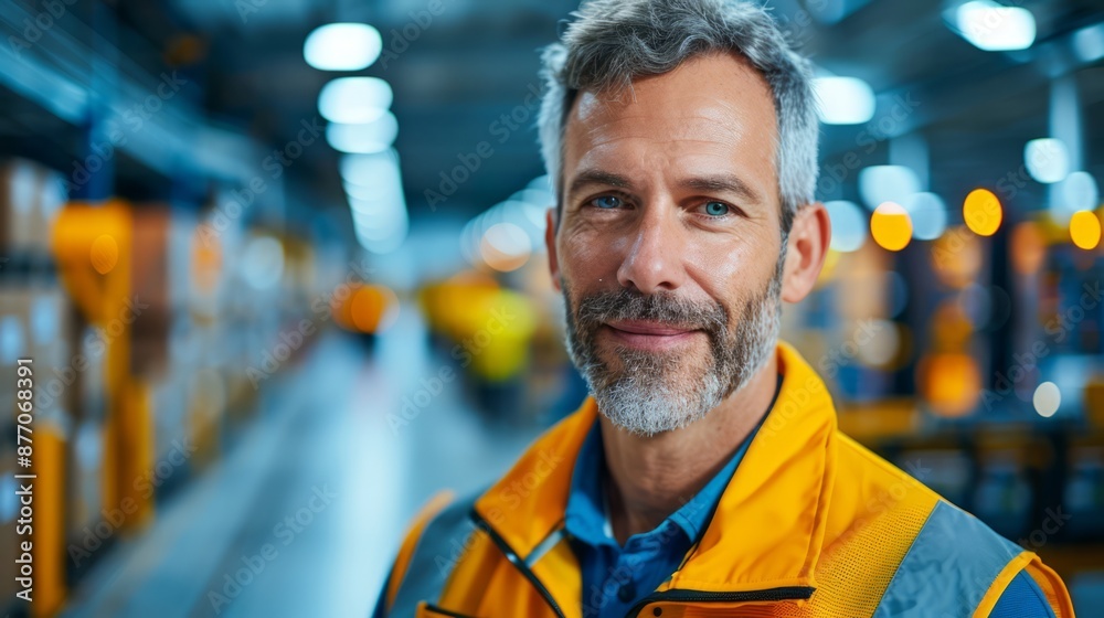 Fototapeta premium a logistics manager overseeing operations in a modern distribution center, ensuring smooth workflow and inventory management, surrounded by advanced technology, offering clear copy space for text