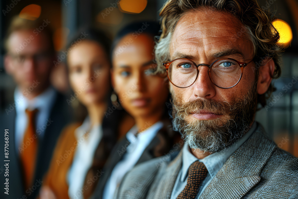 Portrait of confident mature businessman in eyeglasses looking at camera with colleagues in background. Portrait of confident mature businessman in eyeglasses looking at camera with colleagues in background.