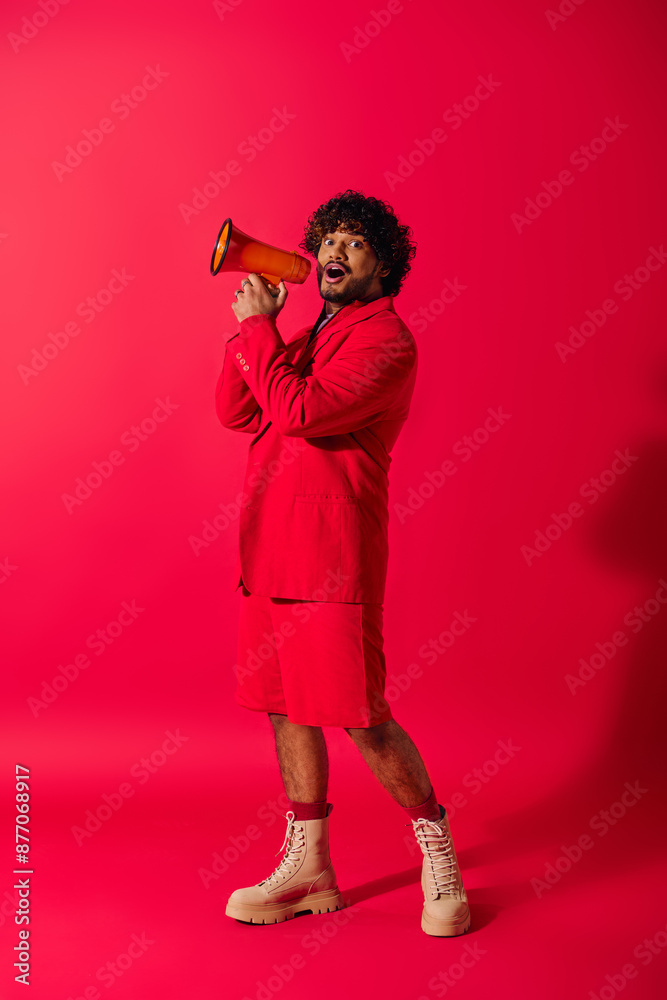 A young Indian man in a vibrant red suit holding a red megaphone. A young Indian man in a vibrant red suit holding a red megaphone.