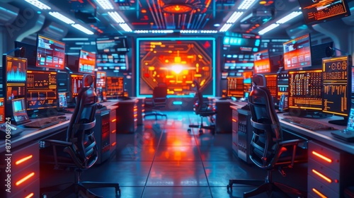 a surreal hyperreal office scene with oversized digital displays and abstract geometric shapes, capturing an unreal business environment, offering ample copy space for text © thekob5123