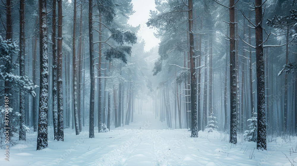 Fototapeta premium Frosty winter landscape in snowy forest Christmas background