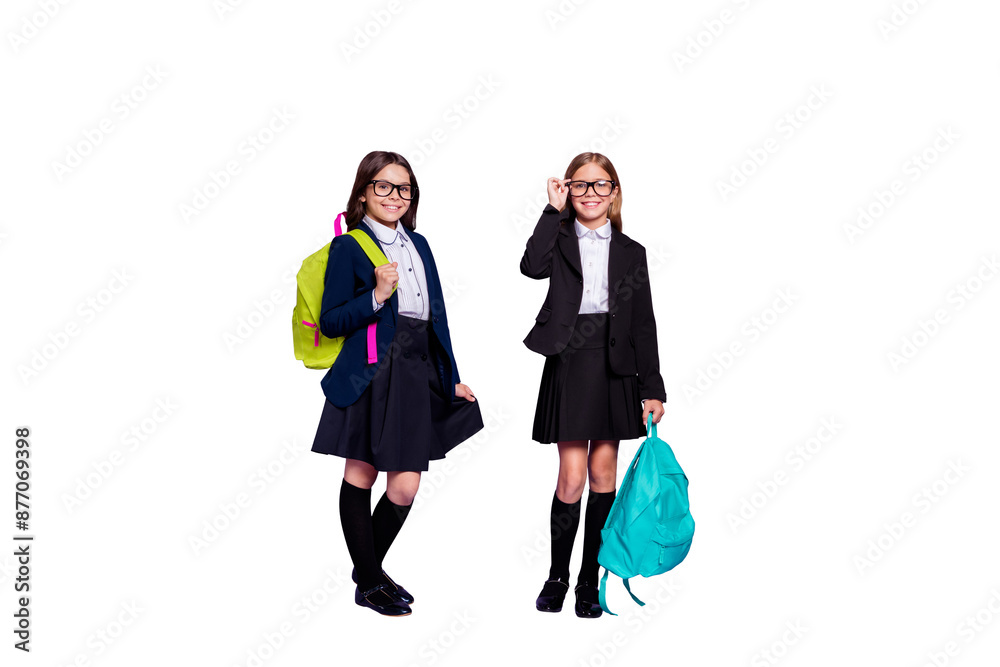 Full length photo of charming classmates hold hand wear trendy stylish eyewear eyeglasses isolated over violet background Full length photo of charming classmates hold hand wear trendy stylish eyewear eyeglasses isolated over violet background