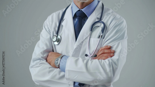A man in a white lab coat with a stethoscope around his neck. He is wearing a blue tie and has his arms crossed