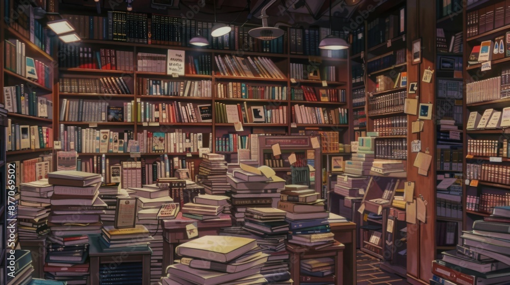 An old, quaint bookstore in anime style with stacks of books everywhere and a warm, nostalgic ambiance, a copy space An old, quaint bookstore in anime style with stacks of books everywhere and a warm, nostalgic ambiance, a copy space