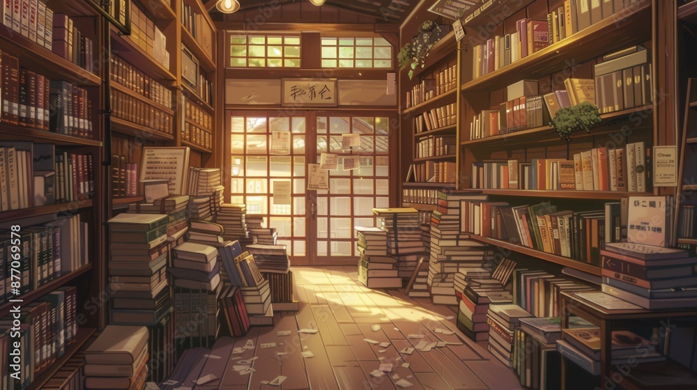 An old, quaint bookstore in anime style with stacks of books everywhere and a warm, nostalgic ambiance, a copy space An old, quaint bookstore in anime style with stacks of books everywhere and a warm, nostalgic ambiance, a copy space