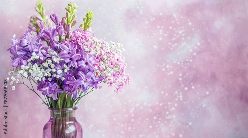 Obraz premium Arrangement of purple hyacinth and pink gypsophila flowers in a vase Concept for florist displays or home decor Focus on specific details Ample space for text