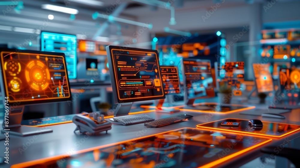 a surreal hyperreal business workspace with floating desks and digital interfaces, capturing an imaginative corporate environment, offering ample copy space for text
